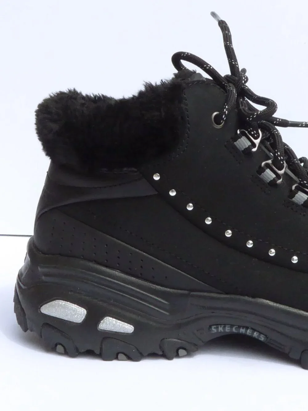 Skechers d'lites black and silver faux fur trim lace up high top sneakers 8.5